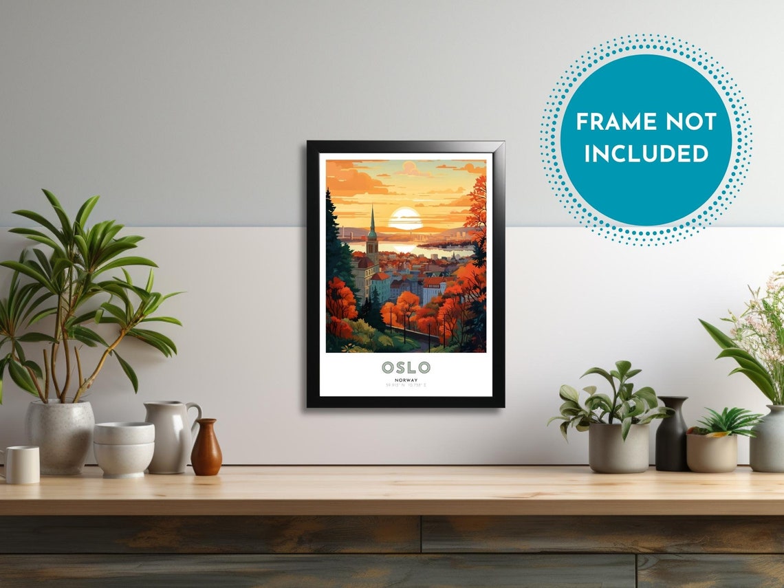 Oslo Norway Autumn Foliage Sunset Waterfront City Art Poster - Image 2