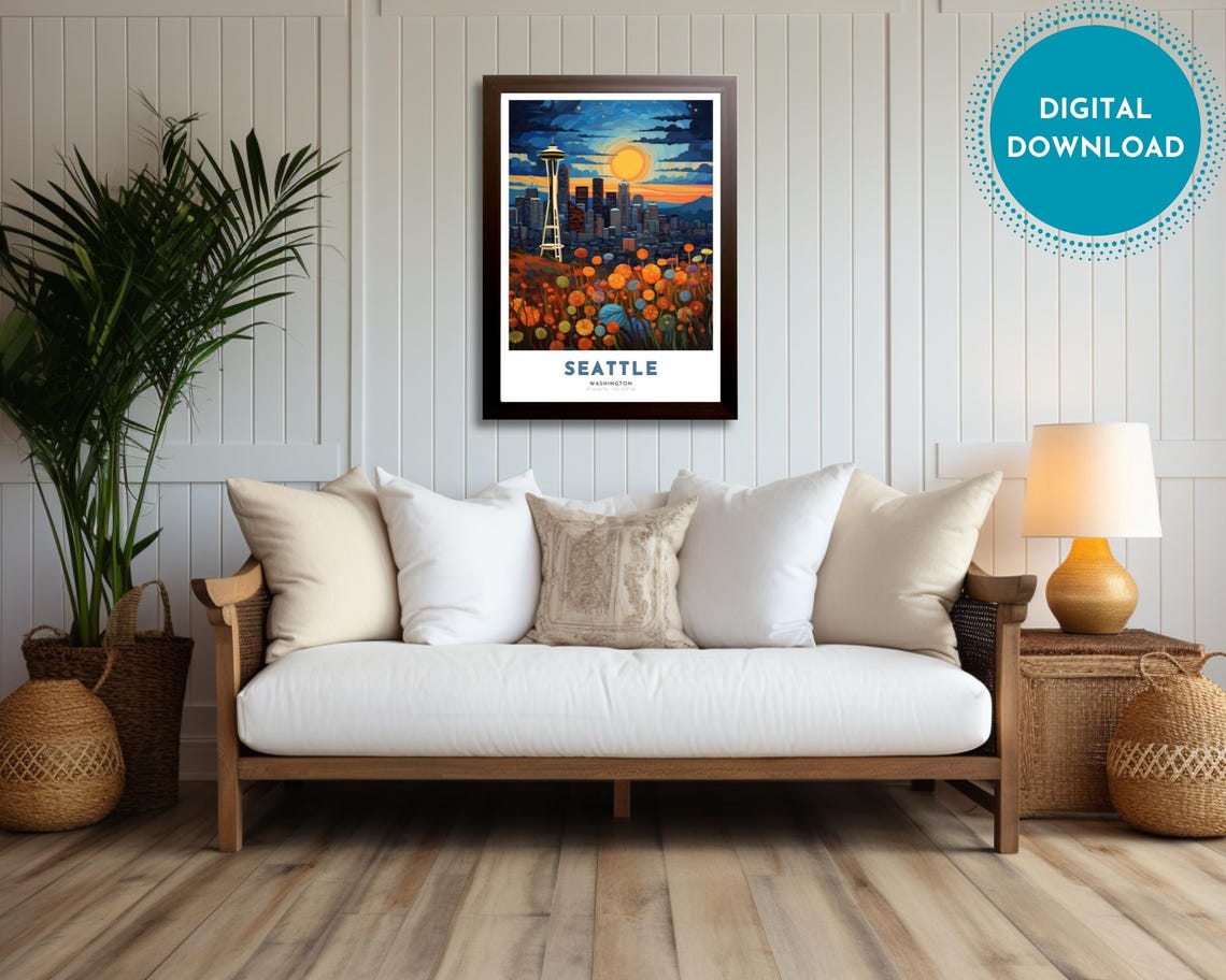 Seattle Travel Poster Of Washington Art Nouveau Gift For Lover Of Seattle Wall Art Decor Of Puget Sound Painting - Image 3