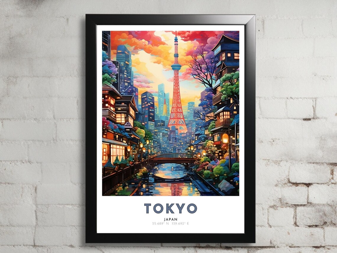 Tokyo Japan Tower Canal Sunset Old Town Colorful City Poster