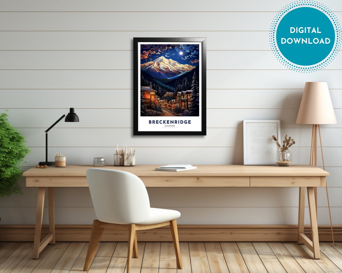 Breckenridge Colorado Moonlit Snow Town Mountain Night Travel Poster - Image 2