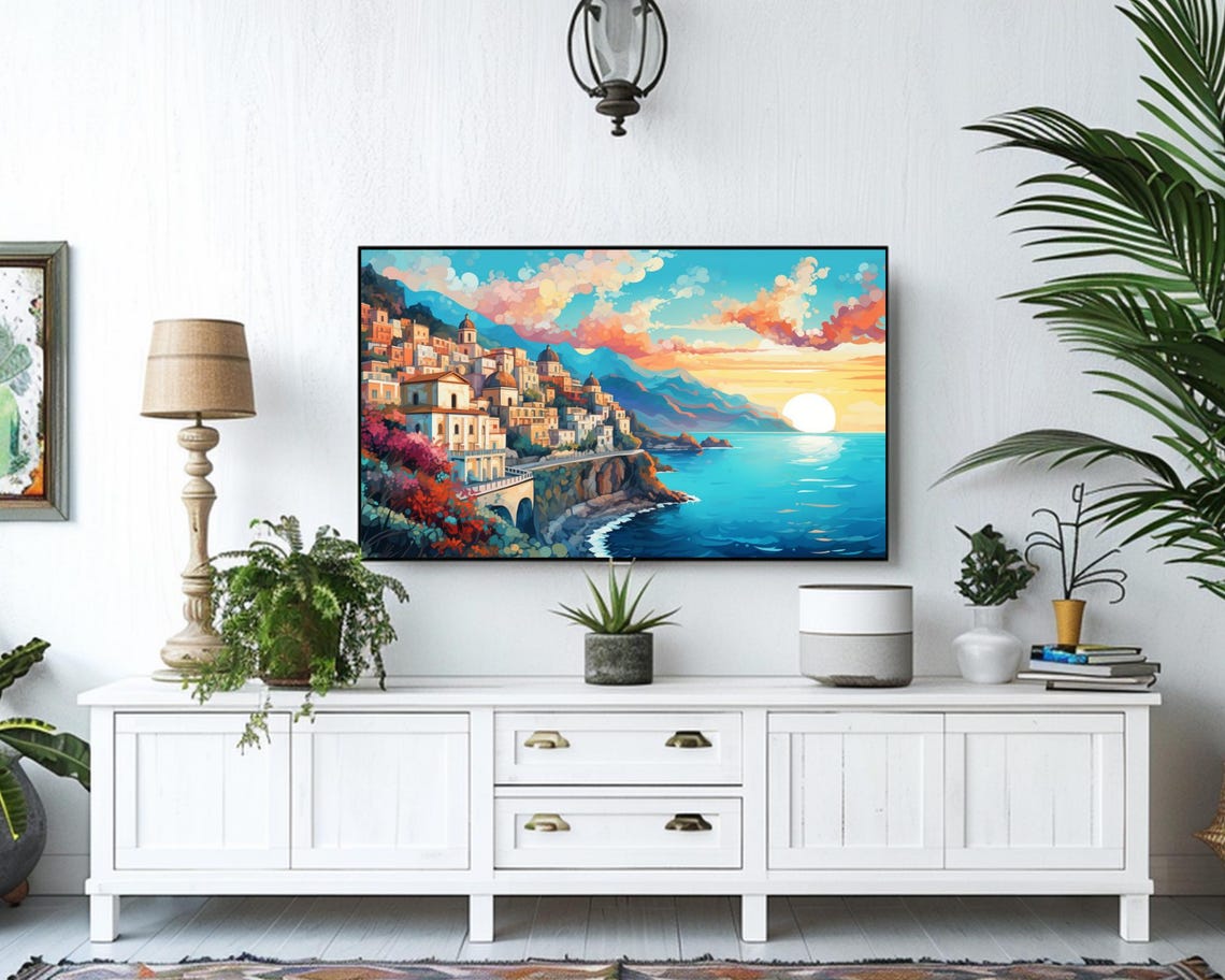 Amalfi Coast Italy Vibrant Coastal Town Sunset Seascape Wall Art - Image 3