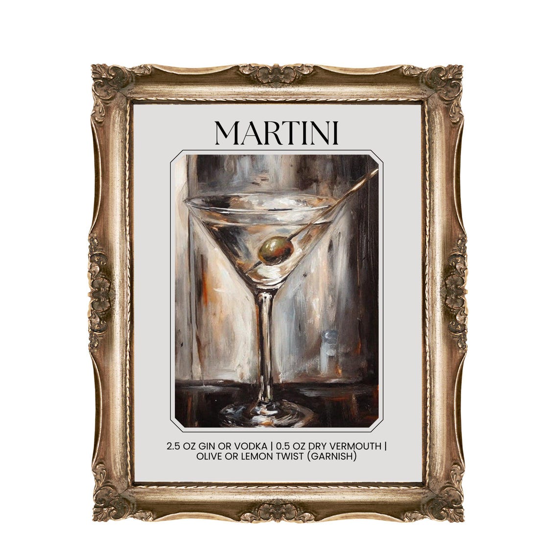 Martini Cocktail Recipe Olive Classic Bar Cart Kitchen Wall Poster