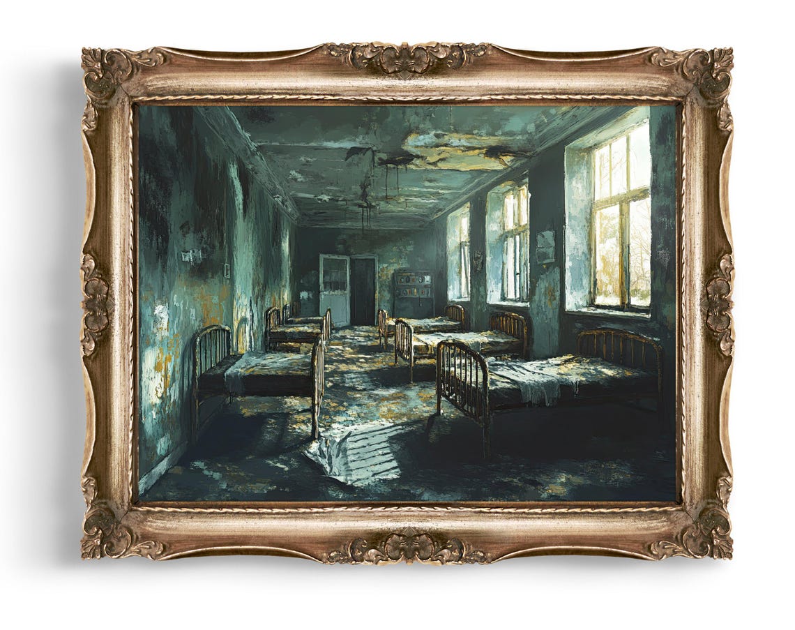 Abandoned Asylum Ward Eerie Vintage Style Dark Room Art Poster