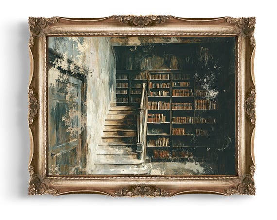 Vintage Library Staircase Creepy Wall Art Dark Academia Decor Gothic Home Haunted Mansion Print Spooky Bookshelf Style