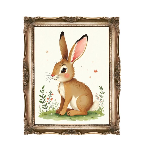 Cute Bunny Rabbit Meadow Flowers Meadow Kids Nursery Wall Art