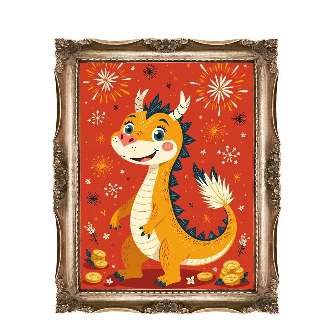 Cute Dragon Chinese New Year Red Fireworks Gold Coins Kids Poster