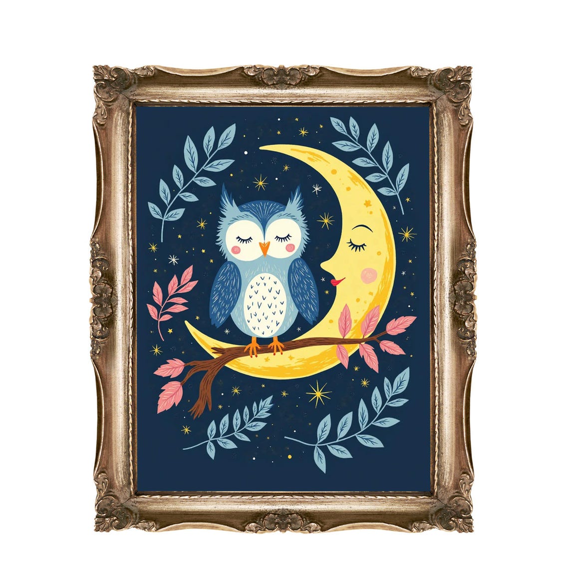 Sleepy Blue Owl on Golden Crescent Moon Celestial Nursery Wall Art