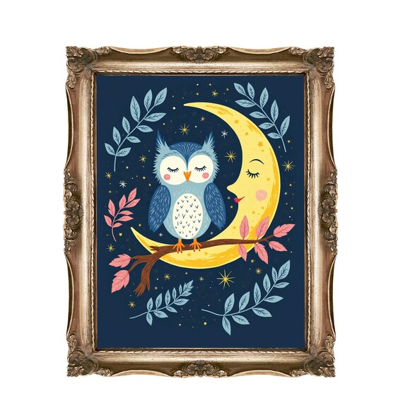 Owl On Moon Wall Art For Kids Nursery Celestial Decor Sleepy Print Starry Night Baby Room