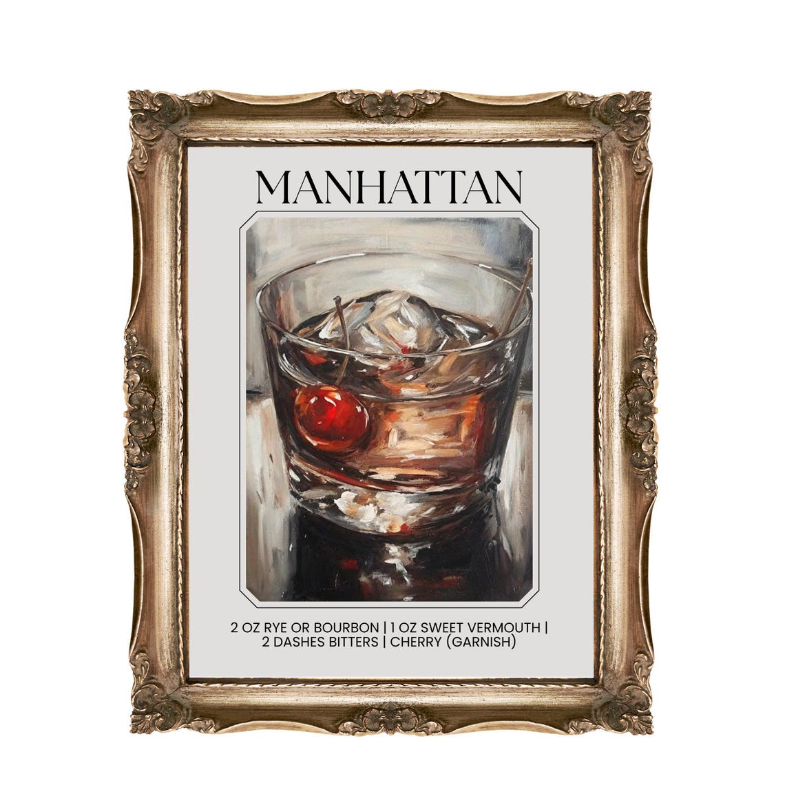 Manhattan Cocktail Recipe Art Bar Cart Home Decor Illustration Classic