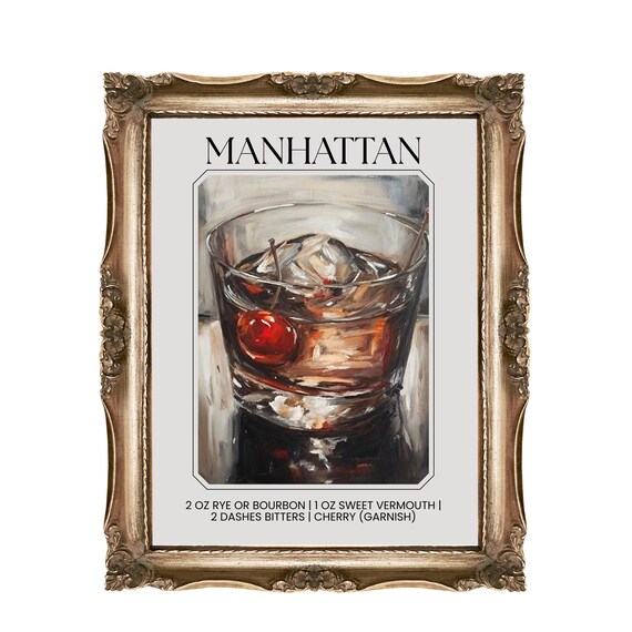 Manhattan Cocktail Recipe Illustration Classic Rye Bourbon Poster