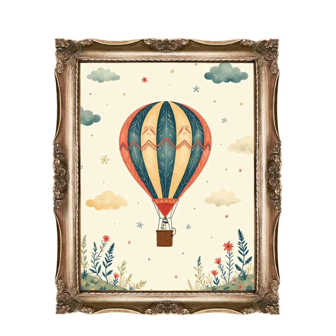 Hot Air Balloon Nursery Cream Sky Floral Hills Kids Room Print