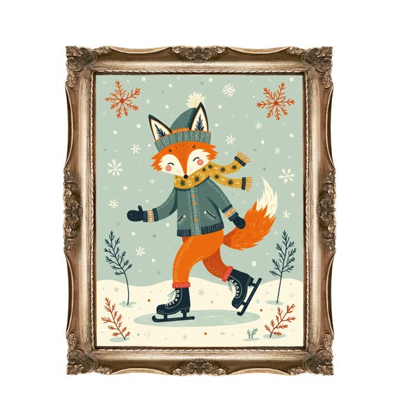 Winter Fox Wall Art For Kids Nursery Ice Skating Animal Print Children Room Decor Instant Cute Illustration