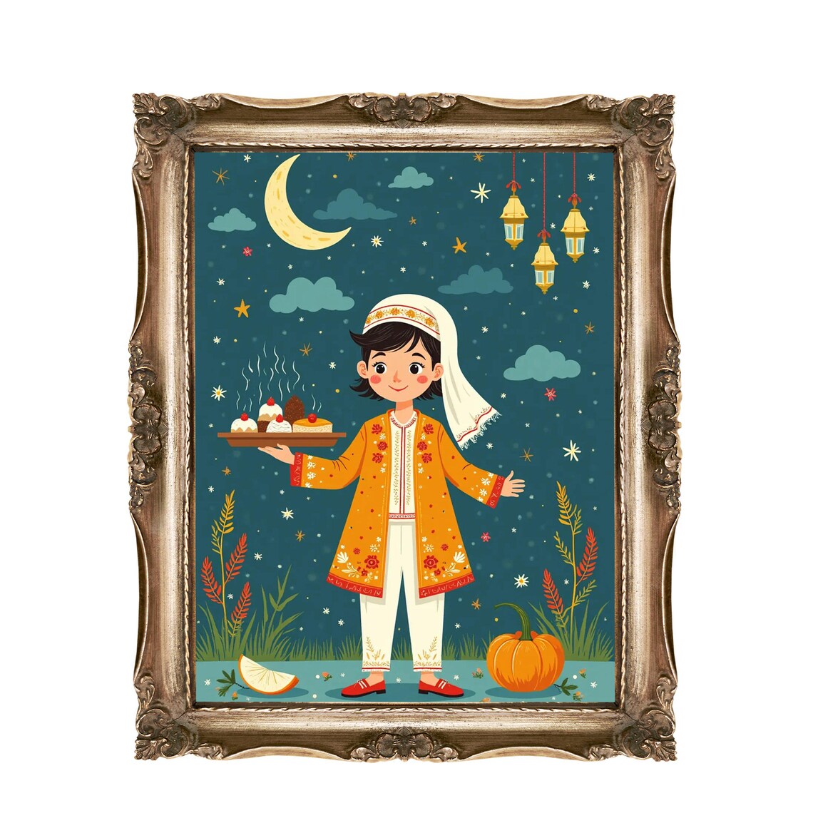Eid Mubarak Boy In Orange Outfit Night Lanterns Festive Decor Poster