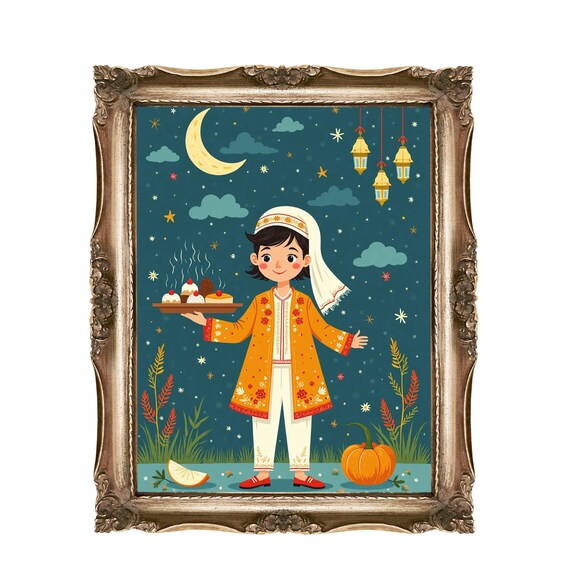 Eid Mubarak Boy In Orange Outfit Night Lanterns Festive Decor Poster
