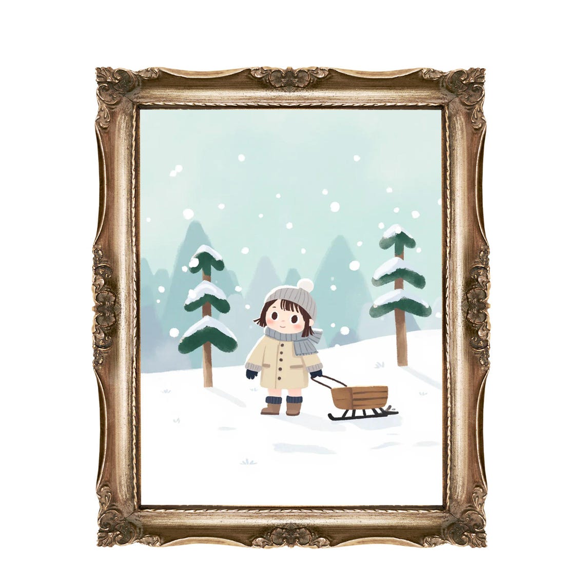 Winter Girl Pulling Sled Through Snowy Forest Cute Kids Poster