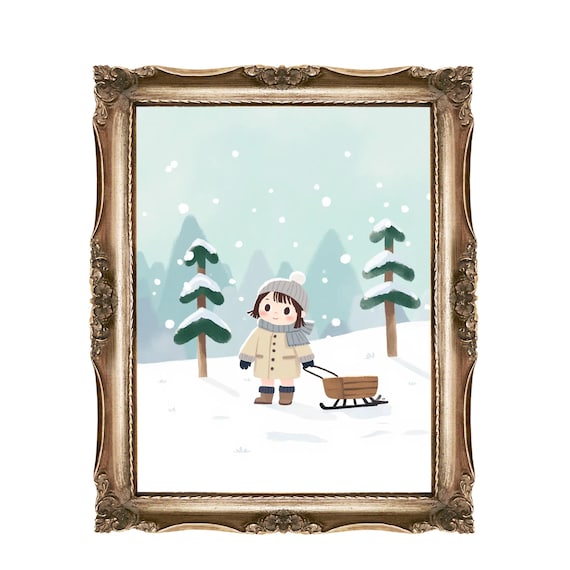 Winter Girl Pulling Sled Through Snowy Forest Cute Kids Poster