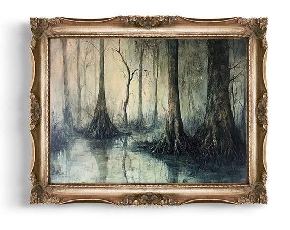 Vintage Style Creepy Swamp Art Dark Forest Print Moody Landscape Gothic Decor Wall