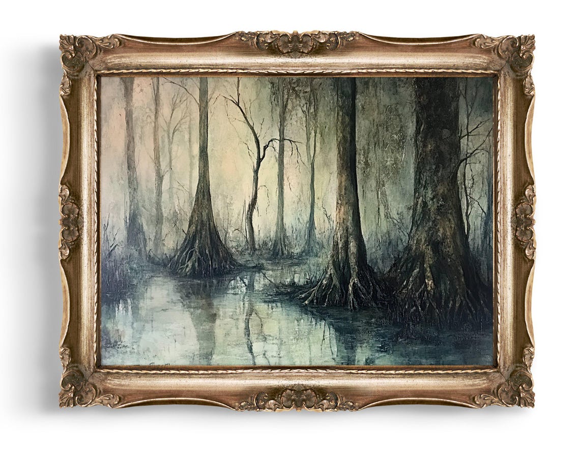 Vintage Style Creepy Swamp Art Dark Forest Print Moody Landscape Gothic Decor Wall
