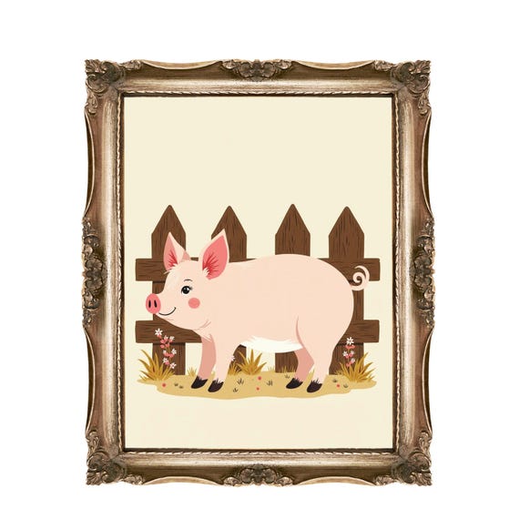 Cute Pig Wall Art For Kids Nursery Decor Farm Animal Illustration Instant