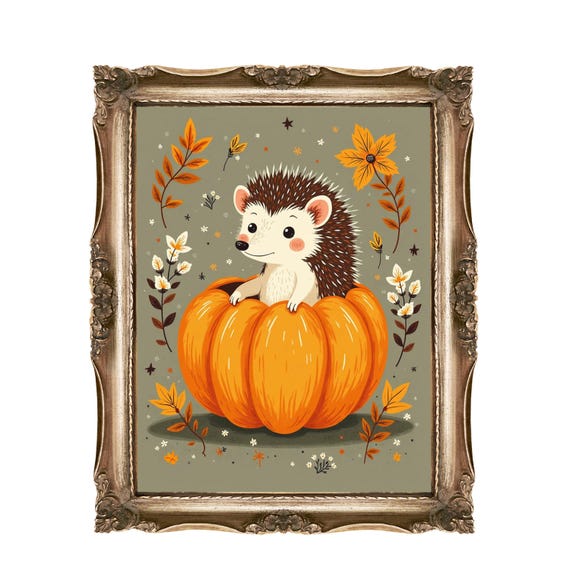 Hedgehog Wall Art Kids Room Decor Nursery Fall Pumpkin Autumn Animals Cute Animal Instant