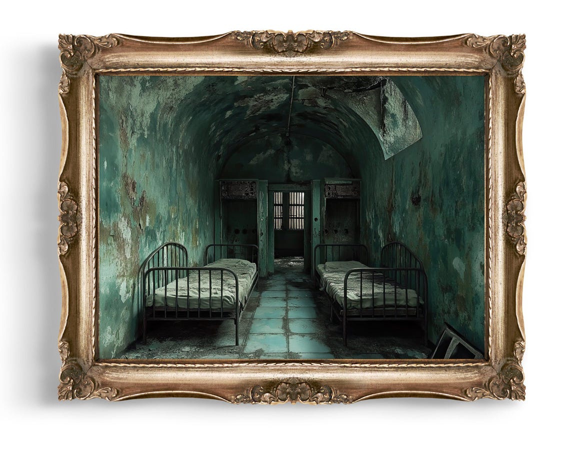 Abandoned Asylum Corridor Vintage Hospital Beds Dark Art Poster