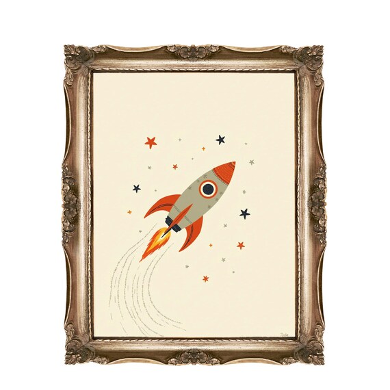 Retro Rocket Ship Blast Off Stars Space Kids Nursery Wall Art