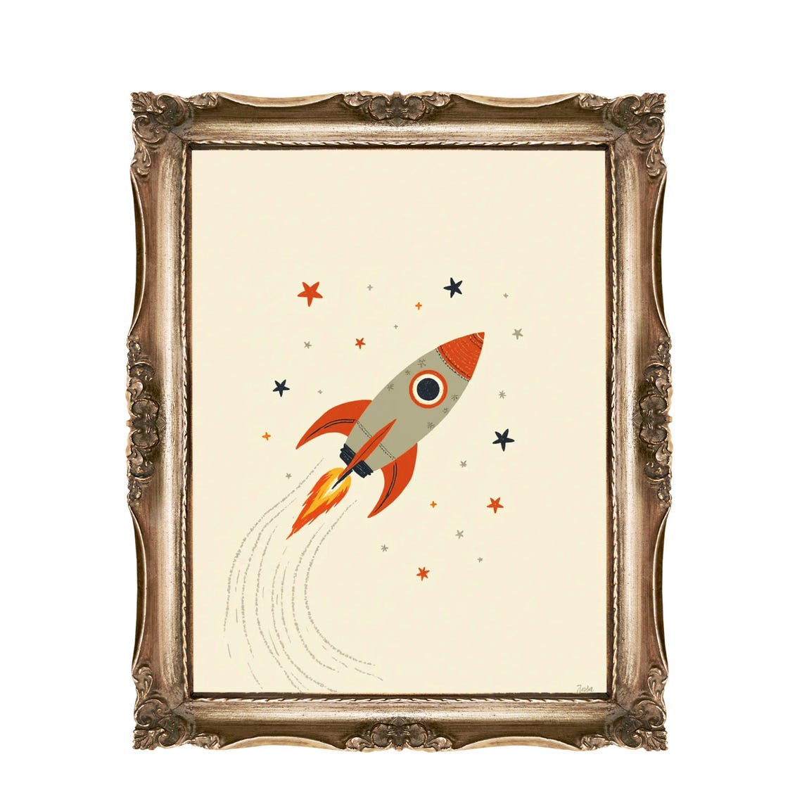 Retro Rocket Ship Blast Off Stars Space Kids Nursery Wall Art