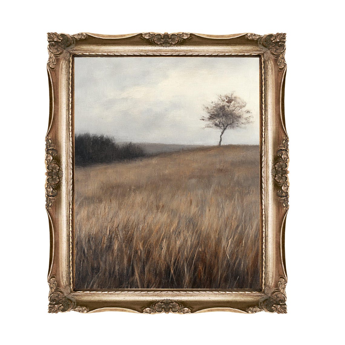 Lone Tree On A Golden Wheat Field Cloudy Sky Rustic Art Poster