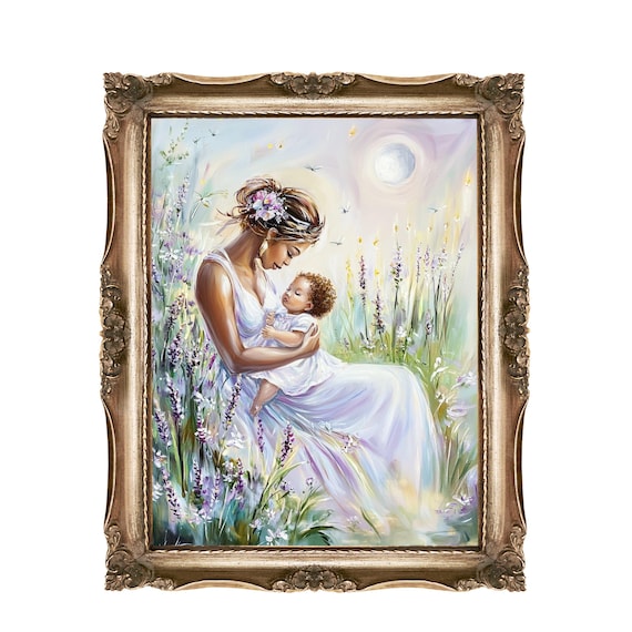 Moonlit Mother And Child In Lavender Field Dreamy Painting Poster