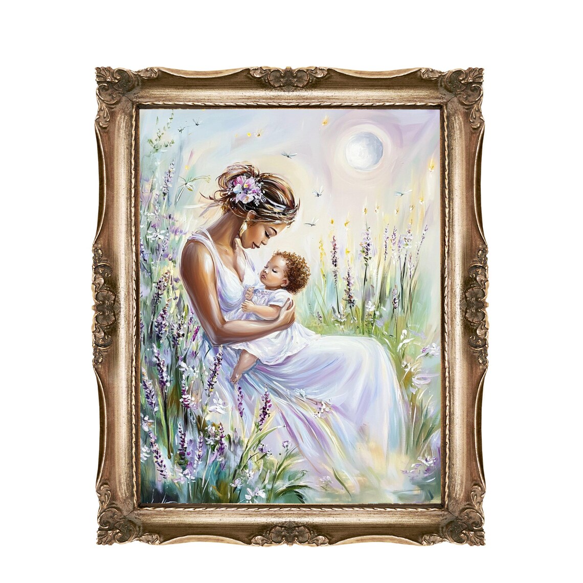 Moonlit Mother And Child In Lavender Field Dreamy Painting Poster