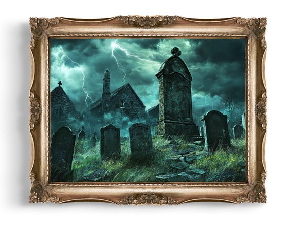 Vintage Creepy Graveyard Art Spooky Wall Decor Gothic Church Print Stormy Cemetery Dark Fantasy Halloween Home