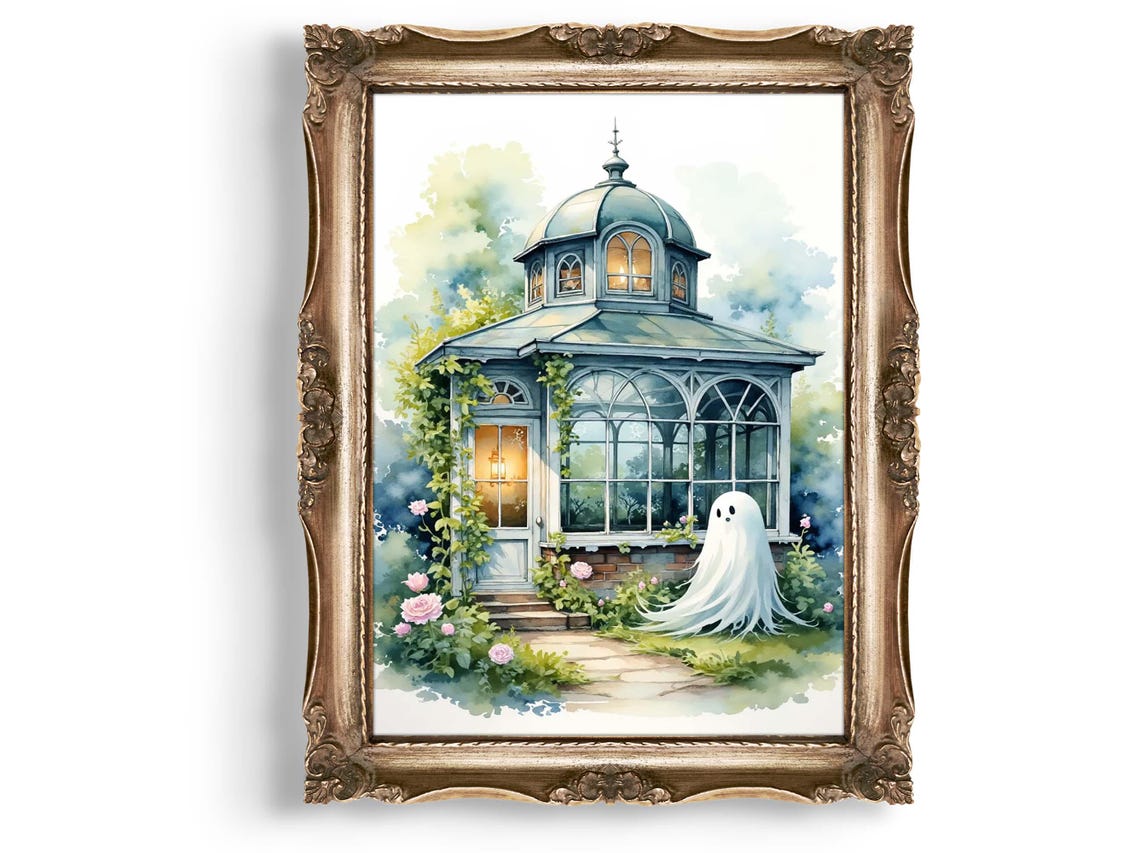 Cute Ghost In Front Of Glass Greenhouse Floral Halloween Wall Art