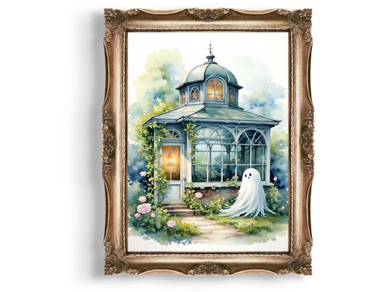 Greenhouse Watercolor Wall Art Spooky Cute Print Pastel Halloween Decor Instant