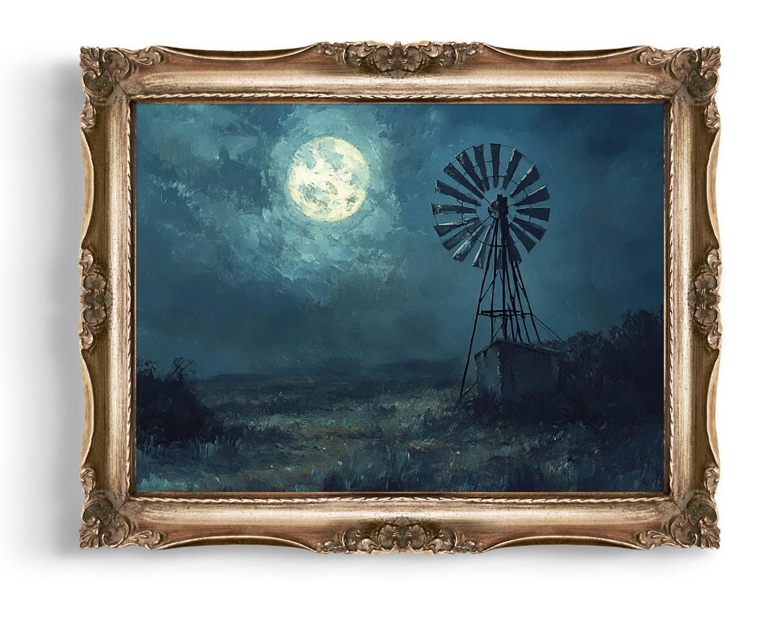 Moonlit Farm Windmill Under Full Moon Dark Moody Night Poster