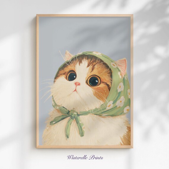 Kitten in Green Floral Headscarf Cute Pastel Cat Portrait Art Poster
