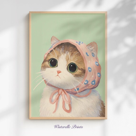Wide Eyed Kitten Wearing Pink Floral Bonnet Cute Cat Wall Art