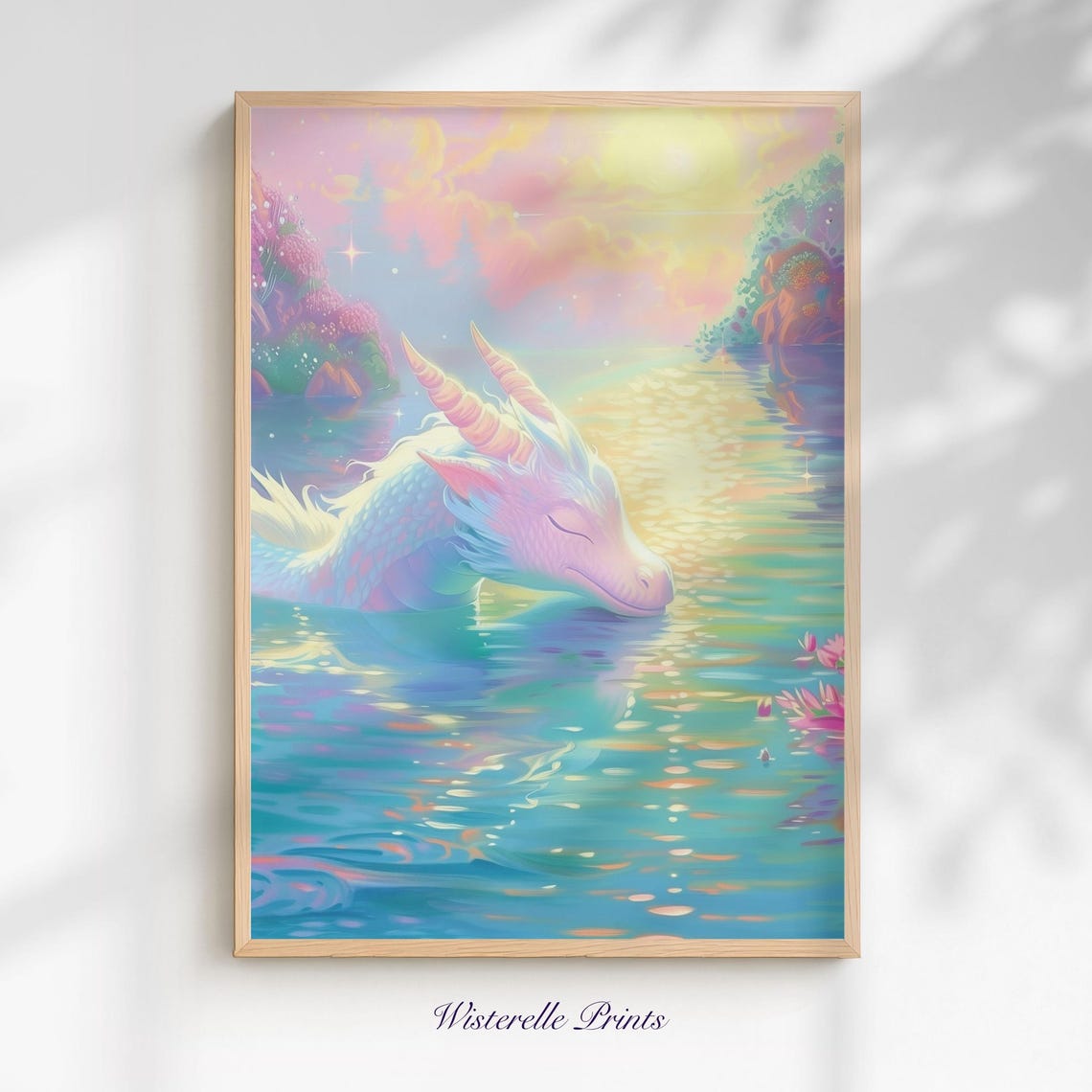 Dragon Wall Art Print Dreamy Pastel Lake Fantasy For Nursery Kids Room