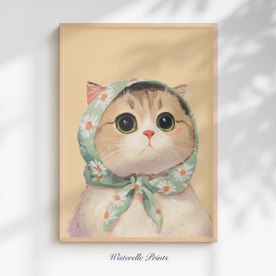 Cream Kitten in Daisy Headscarf Pastel Painting Cute Cat Poster