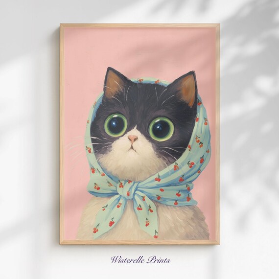 Kitten in Cherry Headscarf Pastel Painting Cute Cat Wall Art