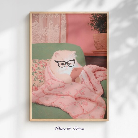 Funny Cat On Phone Print Cute Kitten Pastel Decor For Living Room