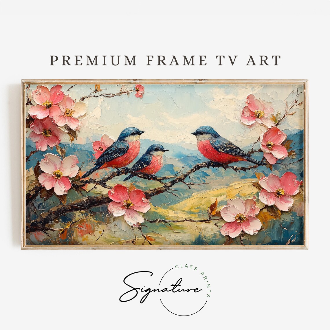 Songbirds With Crimson Breasts On Pink Dogwood Blossoms Poster