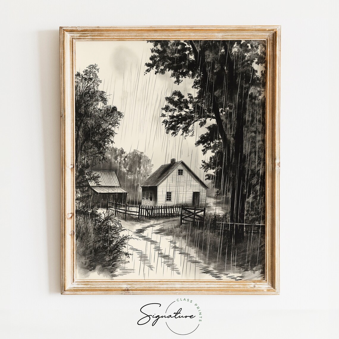 Rain Over Country Farmhouse Fences And Tall Trees Monochrome Poster