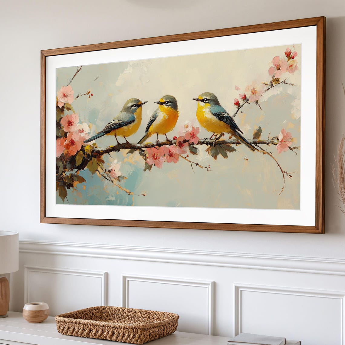Three Golden Yellow Songbirds On Pink Cherry Blossom Branch Poster - Image 2