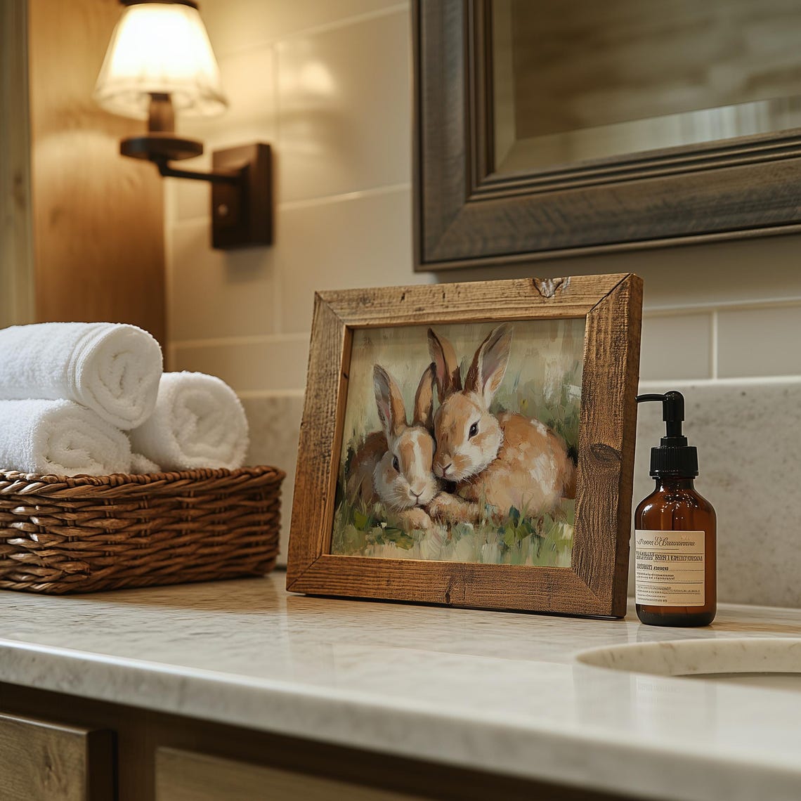 Two Rabbits Cuddling in Meadow Spring Bunny Pair Oil Painting Poster - Image 6