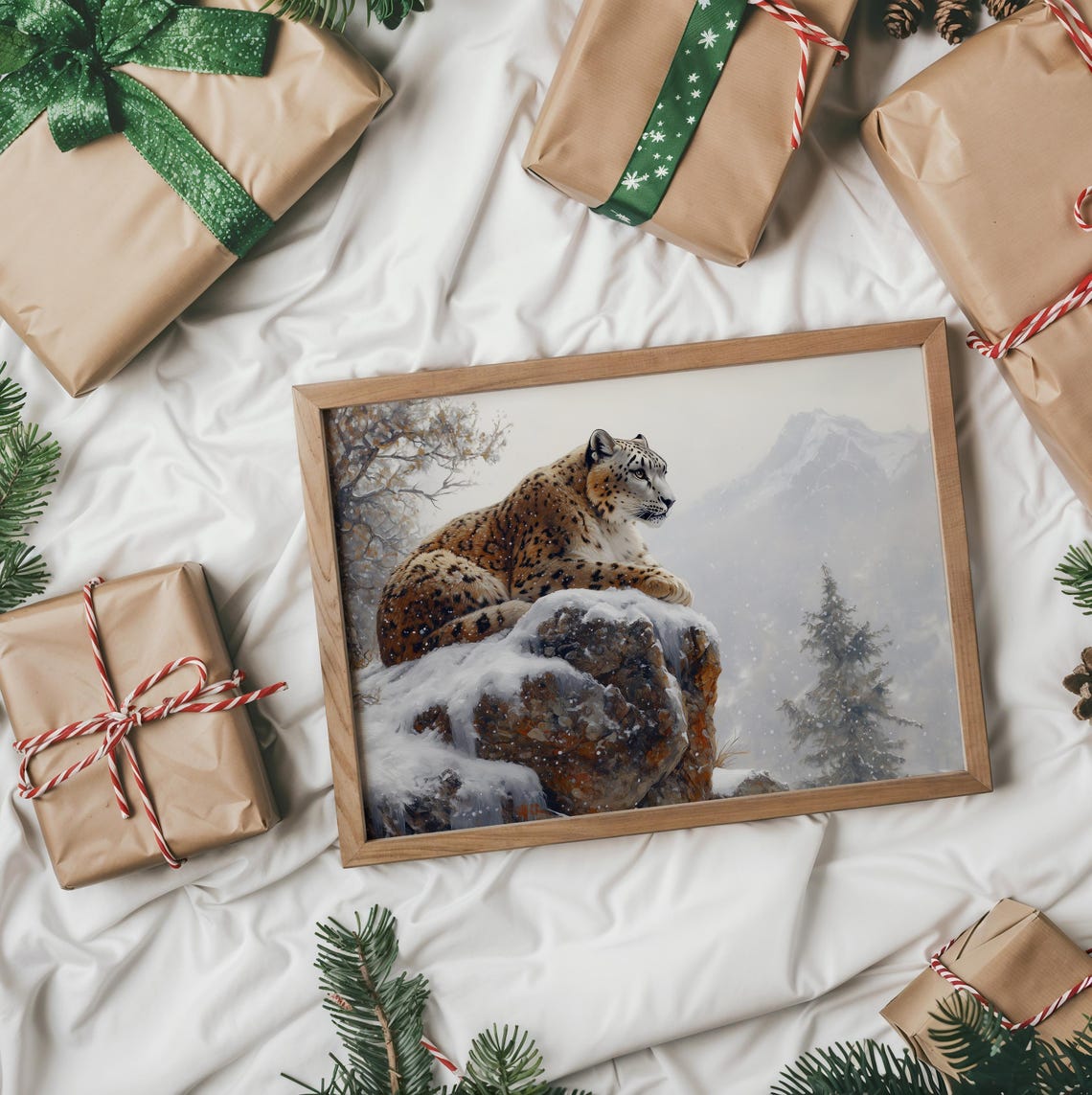 Snow Leopard Resting On A Snowy Cliff With Mountain View Art Poster - Image 2