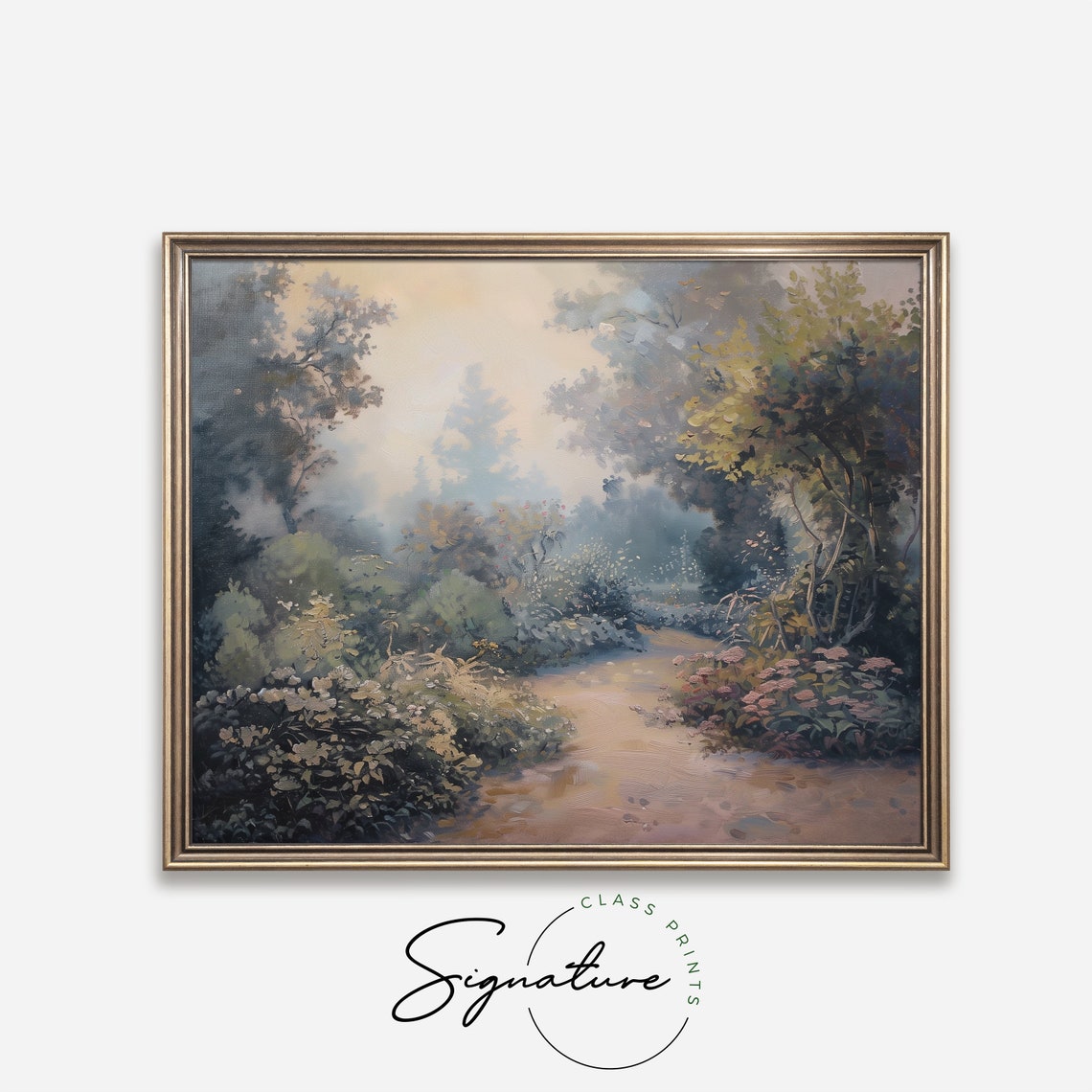 Misty Garden Path Through Blooming Shrubs Soft Impressionist Poster - Image 4
