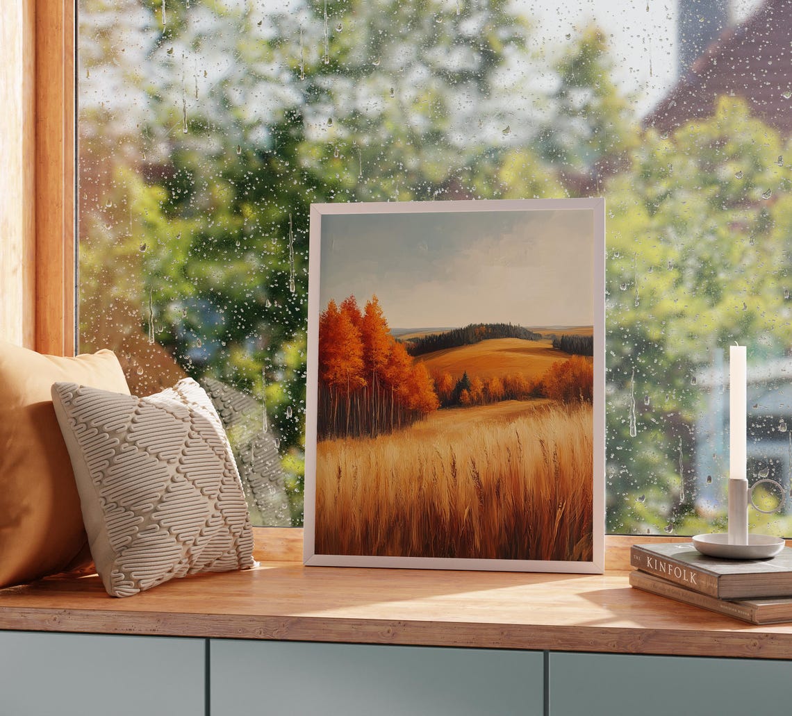 Autumn Meadow Golden Grass Fiery Trees Distant Pine Line Poster - Image 2