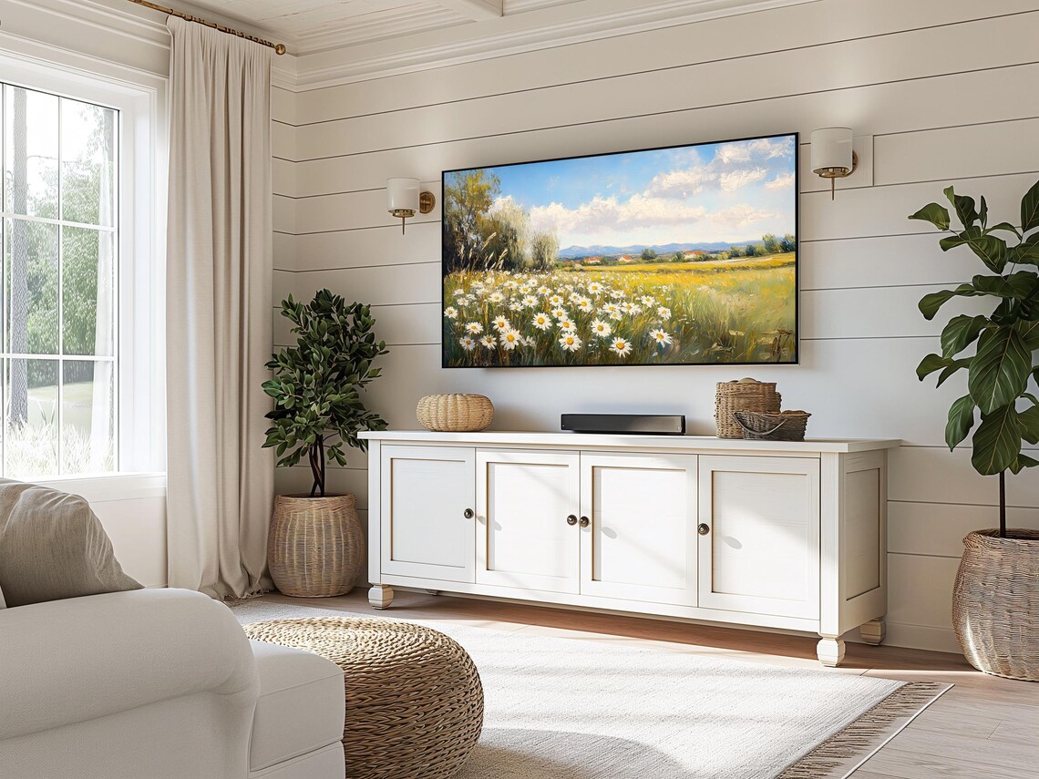 White Daisy Meadow Farmhouse Cottages Blue Sky Country Landscape Poster - Image 5