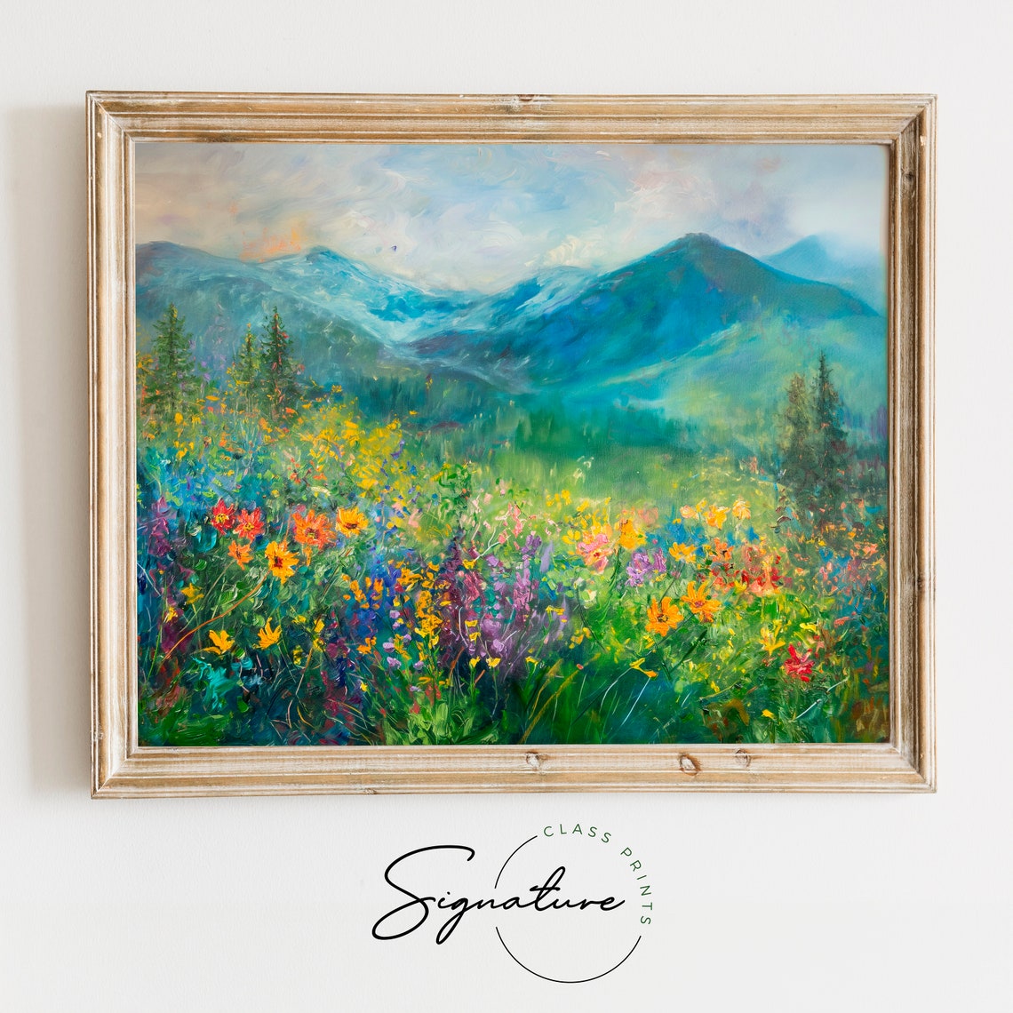 Dense Wildflower Meadow with Blue Mountains Impressionist Poster