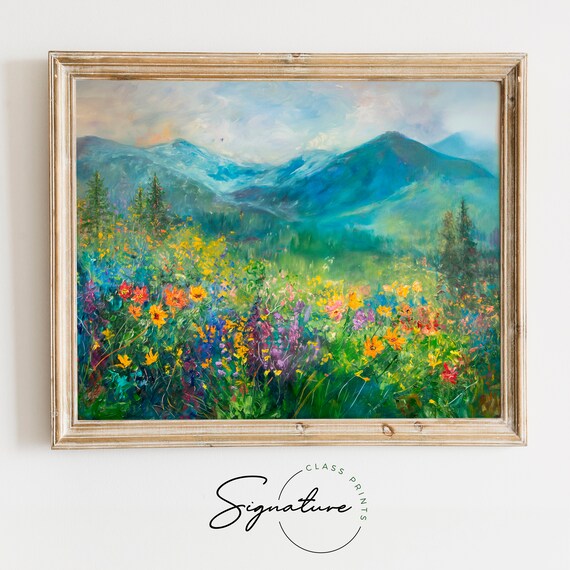 Dense Wildflower Meadow with Blue Mountains Impressionist Poster
